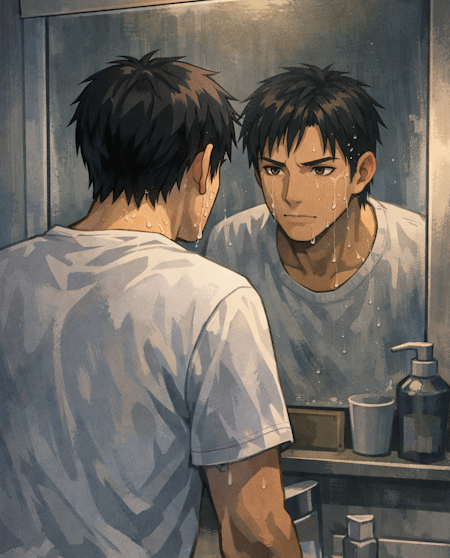 顔を洗って落ち着く様子