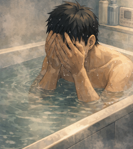 風呂で頭を冷やす様子